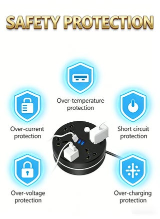 شريط طاقة، سلك تمديد عالمي بخمسة منافذ طاقة و3 منافذ USB، بطول مترين، شريط طاقة بخمسة منافذ مع منفذ شحن USB - view 5